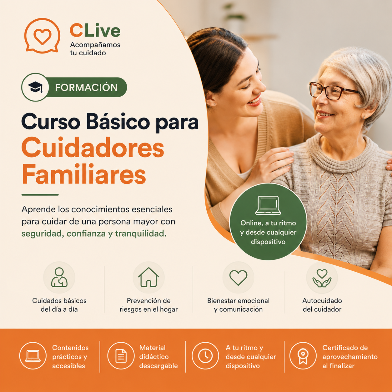 Curso básico para cuidadores familiares con formación online sobre cuidados de personas mayores, prevención de riesgos y bienestar emocional.